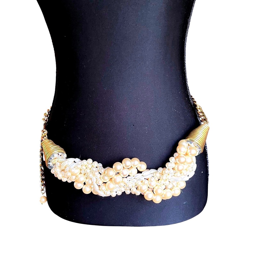 Vintage 80s Pearl Cluster‎ Gold Chain Belt Adjustable Statement Waist 35" Glam